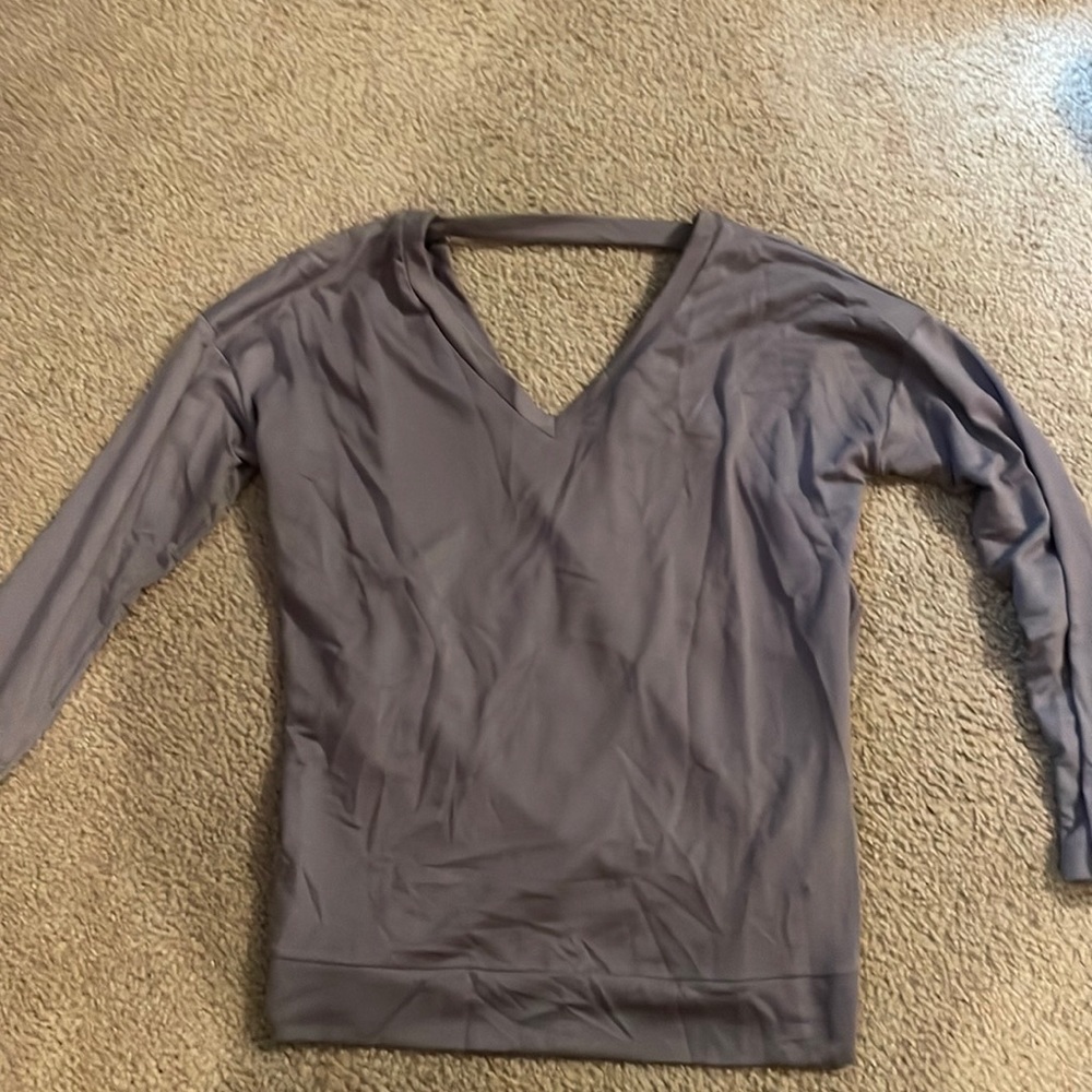 Grey long sleeve, open crisscrossed back workout top